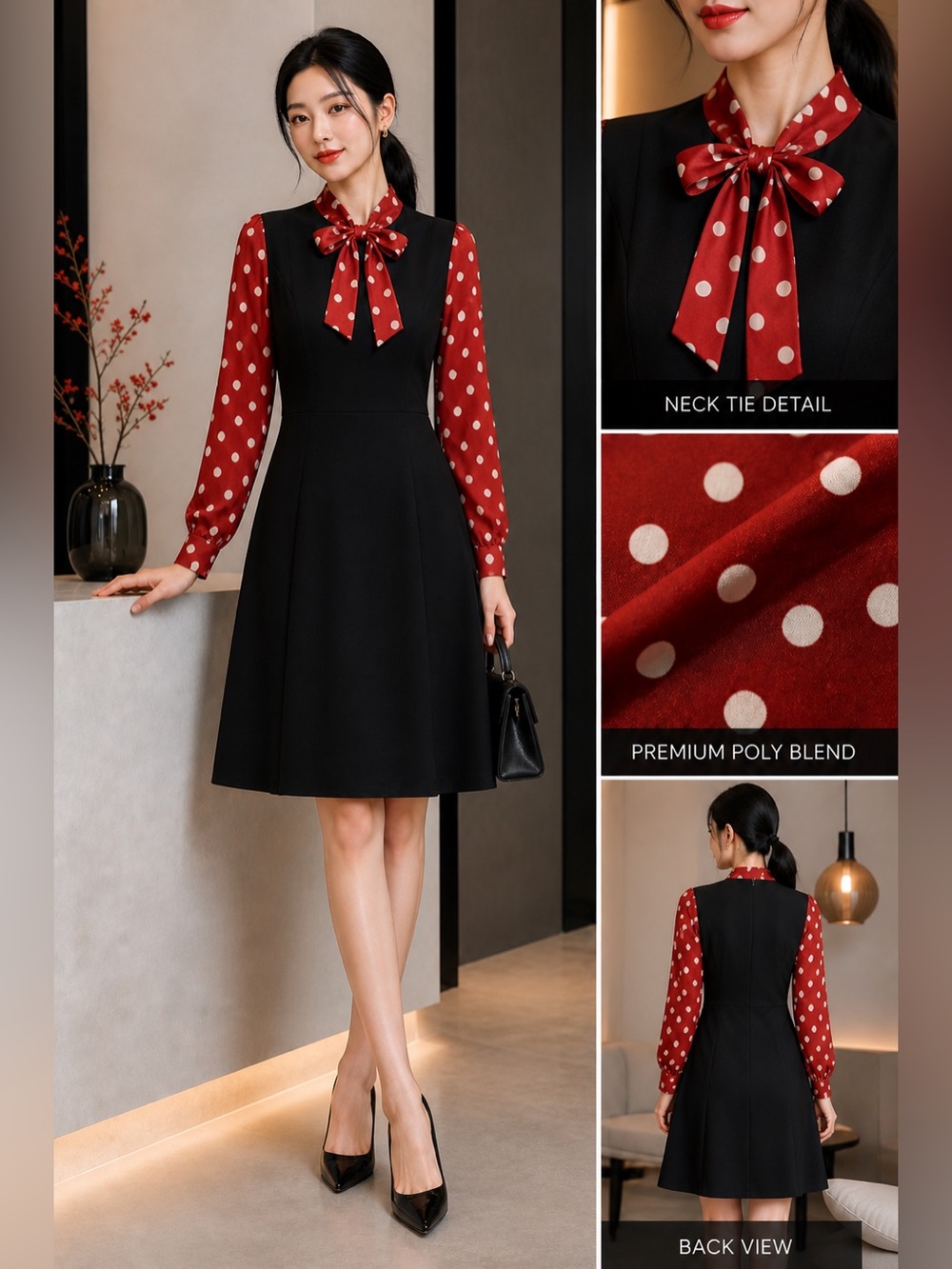 NWT Tulip B Vintage Inspired Black A-Line Dress With Red Polka Dot Bow & Sleeves
